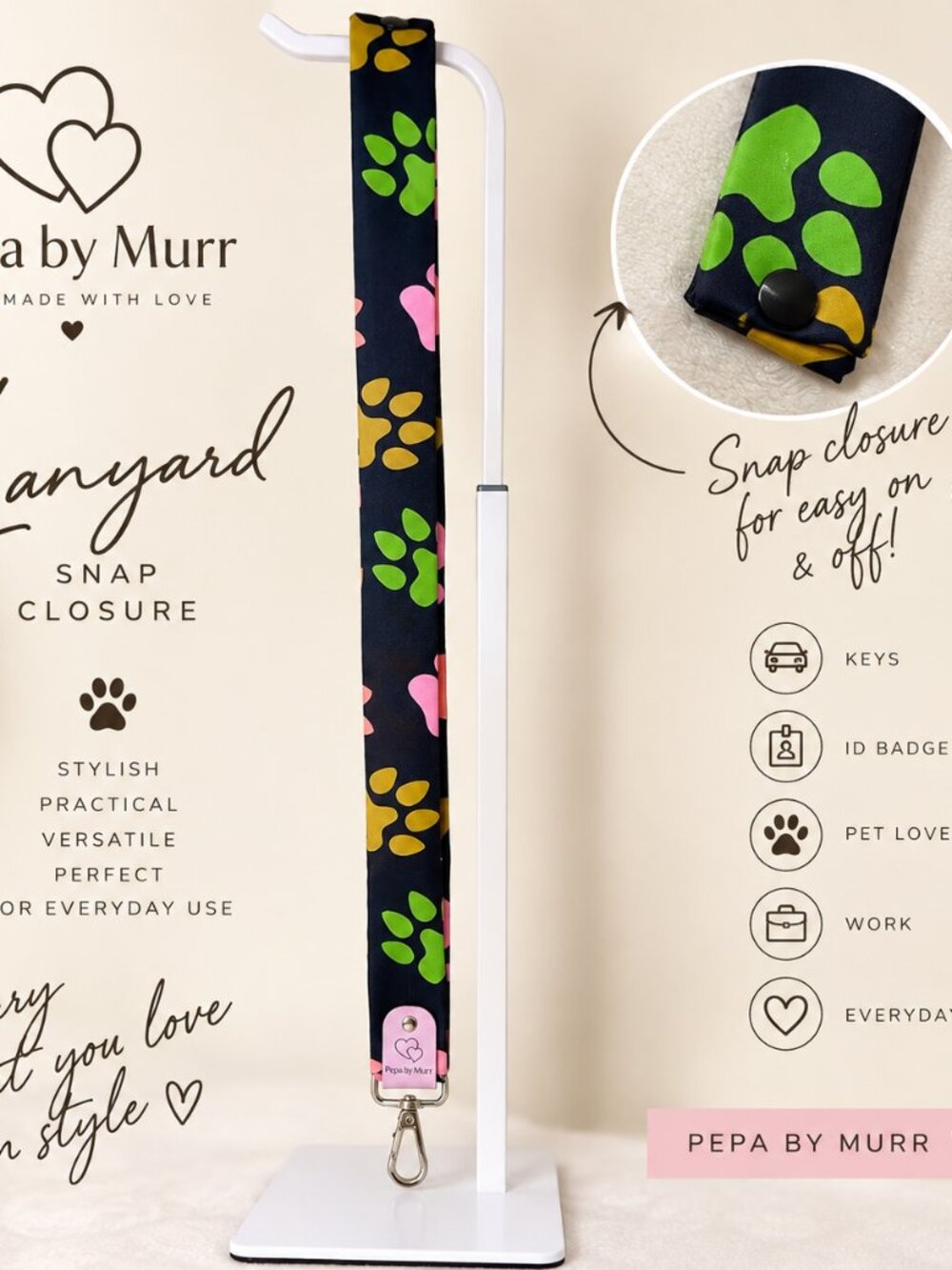 Handmade Paw Print Lanyard with Snap Closure  Colorful Pet Lover ID Badge Holder